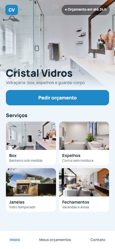 Tela ilustrativa de app para vidraçaria